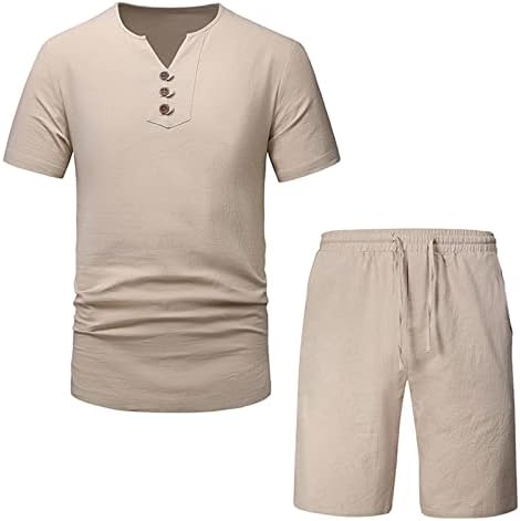 סטי פשתן של 2 חלקים מגדירים כפתור שרוול קצר מזדמן, חולצה ומכנסיים רופפים קבעו תלבושות חופשה נוחות חוף נוחות
