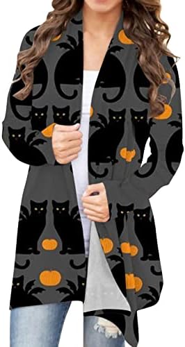 נשים ליל כל הקדושים הדפסת חתול סריגה קרדיגן שרוול ארוך פתוח סוודר סרוג קדמי סוודר מעיל בגדי לבוש סוודרים לנשים