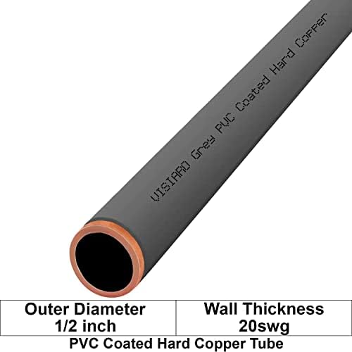 צינור נחושת קשיח מצופה Visiaro אפור PVC, 10ft, DIA חיצוני 1/2 אינץ ', עובי קיר 20 SWG, ציפוי PVC 2 ממ, חבילה של 1