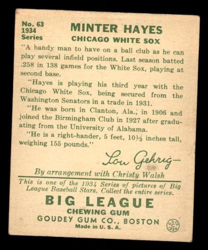 1934 Goudey 63 Minter Hayes Chicago White Sox Good White Sox