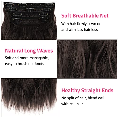 קליפ בתוספות שיער לנשים ארוך גלי מתולתל חום כהה הארכת שיער מלא ראש סינטטי נוכריות