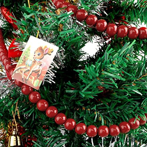 חרוזים אדומים חרוזים אדומים זר חרוזי עץ חג מולד, זר חרוזי עץ לקישוטים לחג המולד עיצוב חג, 6 רגל