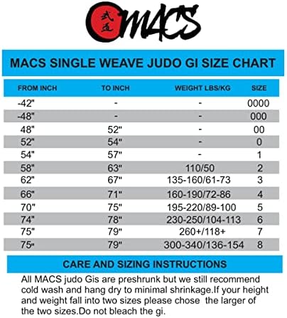MacS Judo Weange Single Weave Gi ילדים מבוגרים אחידים עם חגורה Sz 000 עד 2 מותניים אלסטיים וגודל 3 עד 8 מותניים משיכה