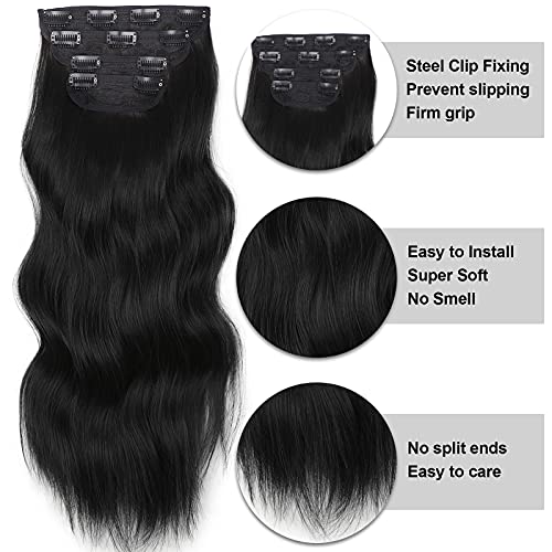 נמרץ ארוך שיער הרחבות 24 סנטימטרים שחור קליפ בתוספות שיער לנשים סינטטי גלי הארכת שיער