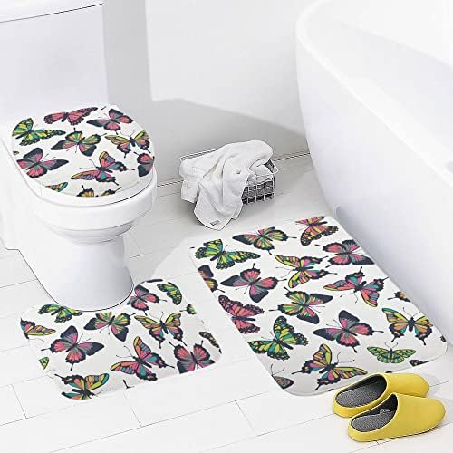שלי קטן קן אמבטיה שטיחים מחצלות סט 3 חתיכה פרפרים דפוס מופשט רחיץ החלקה בצורת קונטור שטיח מחצלת ומכסה כיסוי לאמבטיה אמבטיה