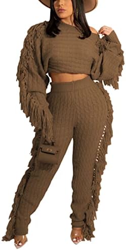 ערכות סוודר קנסון לנשים 2 תלבושות חתיכות סרוגות צבעוניות עם שרוול ארוך שרוול ארוך סוודרים מכנסיים ארוכים.
