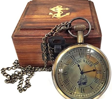 שעון כיס טיטאניק של מאן דקור פליז עם קופסא עץ חרוט כיס כיס פליז טיטאניק שעון כיס עתיק
