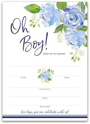 אוי ואבוי! -הזמנות למקלחת לתינוקות פרחים-חבילה של 25-מקלחת לתינוק גינה הזמנות מילוי ריק, פרחים, שיקיים, ייחודיים, הזמנות לגינה, Blue Baby