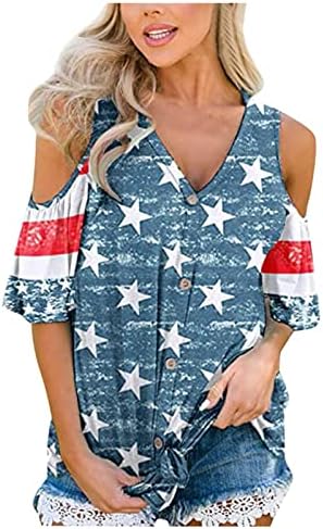 LMDUDAN 2023 יום העצמאות יום כתף קרה צמרות נשים 4 ביולי חולצות דגל אמריקאי פסים נ 'צוואר חולצה מזדמנים