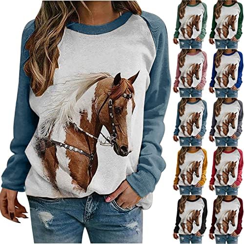 נשים הדפסת סוסים חולצות שרוול ארוך חולצות אתניקה אופנה בגדי סתיו רופפים רגלן צווארון סוודר סווטשירט חמוד