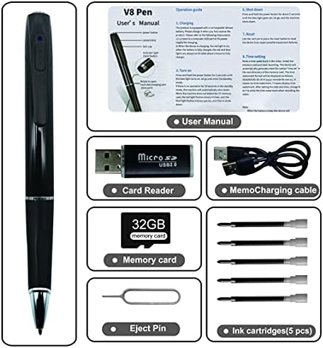 Gemer Spy Mini Hidden Hamera Pen Professional HD 1080p מצלמת מטפלת ניידת ומצלמת כיס לבית וכנס 32 גרם כרטיס זיכרון + 5 מילוי דיו, שחור