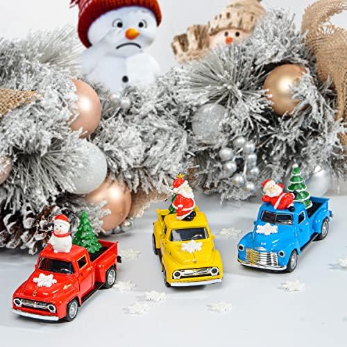 עיצוב משאית חווה לחג המולד, 3 יח 'דגמי טנדר מתכת דגמי מכוניות עם עצי חג המולד של שרף שרף, סנטה קלאוס, פתיתי שלג, איש שלג, מתנה לחדר בית