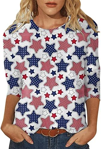 צמרות 4 ביולי לנשים 2023, סקסיות אביב פלוס בגודל 3/4 חולצת טריקו של שרוול דגל אמריקאי של Ladie American