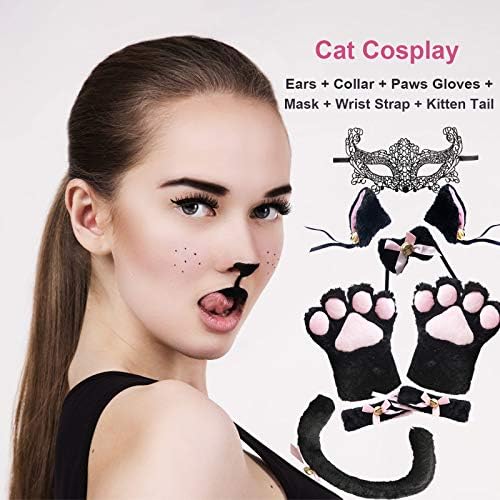 תחפושת לחתול קוספליי, כפפות חתול חמודות תלבושת חתלתול תלבושת זנב אוזניים צווארון מכפות אנימה לוליטה