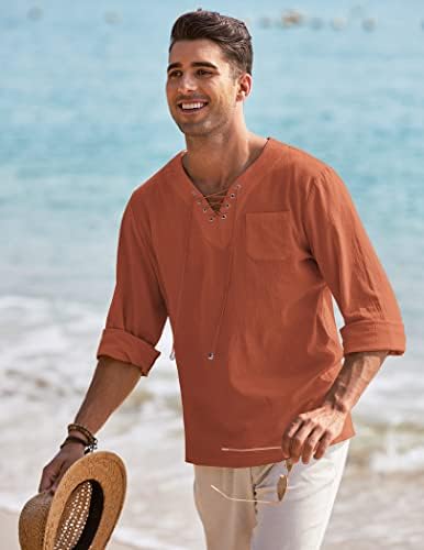 קואופנדי גברים כותנה חולצות פשתן תחרה כלפי חוף מזדמן חולצות טי היפי נ 'צוואר