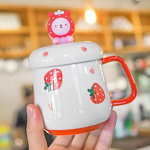 ספל תות של Seelucky עם מכסה כפית 3d קרמיקה חמודה כוס תה כוס זוג ספל סט מתנה ליום הולדת נשים אוהבות חברות