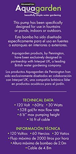 פנינגטון אקווגרדן, משאבת מזרקה אוניברסלית, מתאים למזרקות גן, תכונות מים, אקוופוניקה והידרופוניקה, 300-500 ליטר, 6 '6 גובה שאיבה