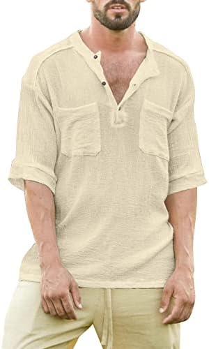 XXBR גברים חצי שרוול חולצות פשתן כותנה, קיץ חולצת הנלי כפתור קדמי כפתור כיסים כפולים צמרות חוף מזדמנים