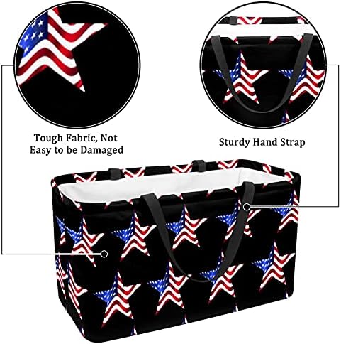 Lorvies לתיקי מכולת לשימוש חוזר קופסאות קופסאות סל אחסון, כוכבי דגל אמריקאים שקיות תועלת מתקפלות עם ידית ארוכה