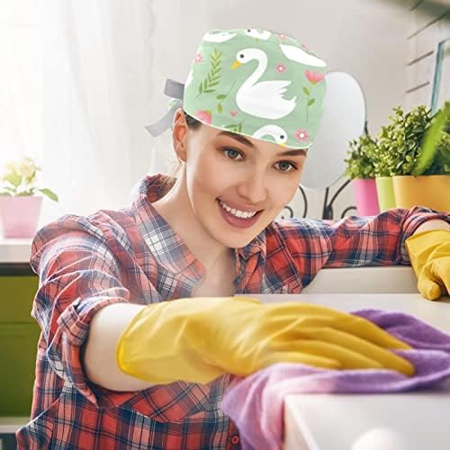 2 מחשבים אחות קרצוף כובעים נשים שיער ארוך, ברבור לבן פרחים ורודים ירוקים באביב ירוק כובע עבודה מתכוונן עם כפתור ופס זיעה