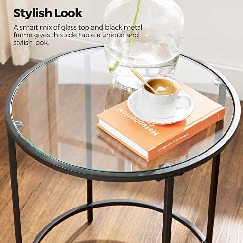 שולחן צד עגול, שולחן קצה זכוכית עם מסגרת מתכת, שולחן קפה שחור עם סגנון מודרני לסלון, מרפסת, חדר שינה