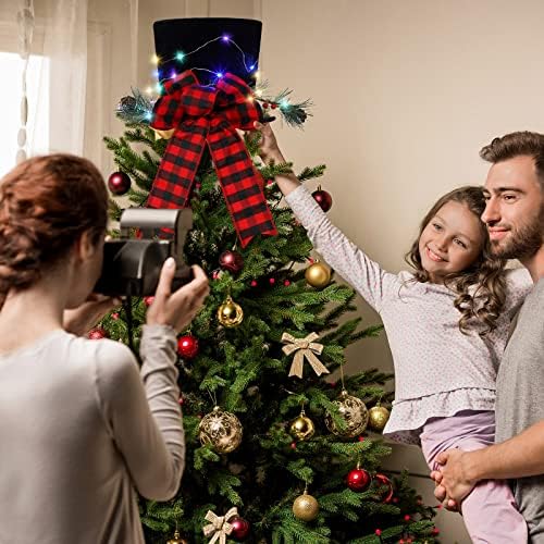 עץ חג המולד טופר כובע באפלו משובץ עץ חג המולד טופר עץ חג המולד טופר סרט קשת עם אורות מיתר לעץ חג המולד קישוטי חג שולחן עבודה שולחן עבודה