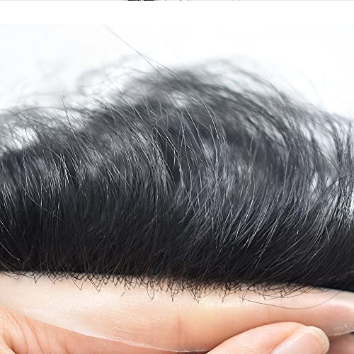 0.06 ממ-0.08 ממ פאה עור דקה פאה לגברים כל קו שיער טבעי בעל לולאה פולי פו מערכת החלפת שיער אנושי פאה לגברים