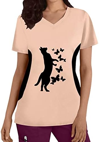 חולצות שרוול לנשים נשים בתוספת גודל למעלה צווארון קצר שרוולים חתולים הדפסי חולצה חולצה נשים חולצה