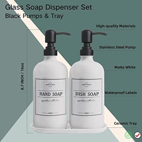 מתקן סבון זכוכית עם משאבה ומגש - בקבוקי מתקן סבון כלים ביד לסבון ידיים, סבון כלים, קרם - מתקן סבון וינטג 'חדר אמבטיה וכיור מטבח