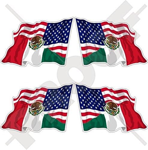 ארהב ארצות הברית של אמריקה ומקסיקו, דגל מעופף אמריקאי-מקסיקני 2 מדבקות פגוש ויניל, מדבקות x4